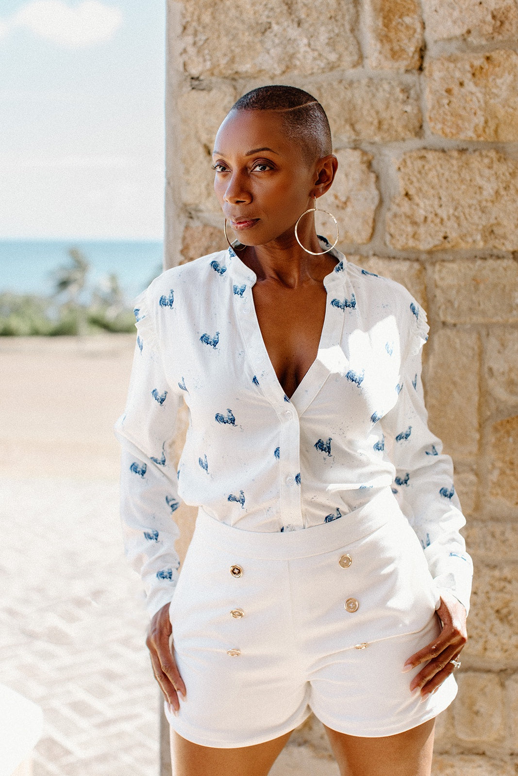 Women's Rooster Ruffle Button-up Top